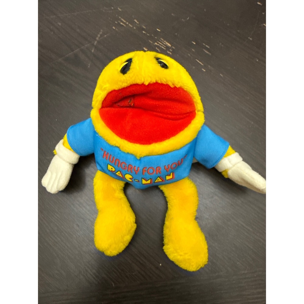 Vintage Pac-Man Hungry For You Plush Hand Puppet Yellow Blue 80s Arcade Toy 7"